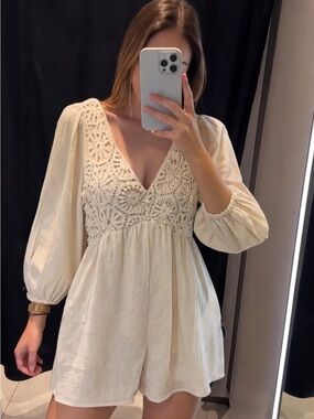 ZARA Crochet Linen Blend Romper Cream Boho Puff Sleeve Resortwear Size S
